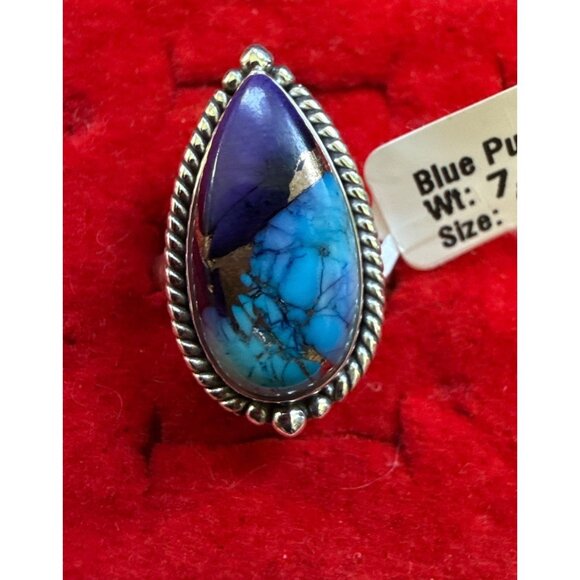 Purple & Blue Teardrop Stone Ring In 925 Sterling Silver Size 8 Weighs 7.4 Grams - Picture 1 of 6